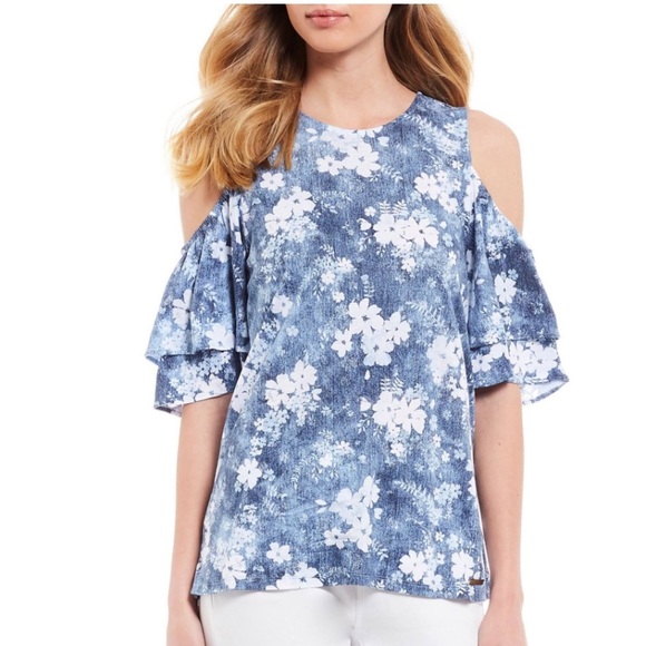 Michael Kors blue cold shoulder top size large - Picture 1 of 8
